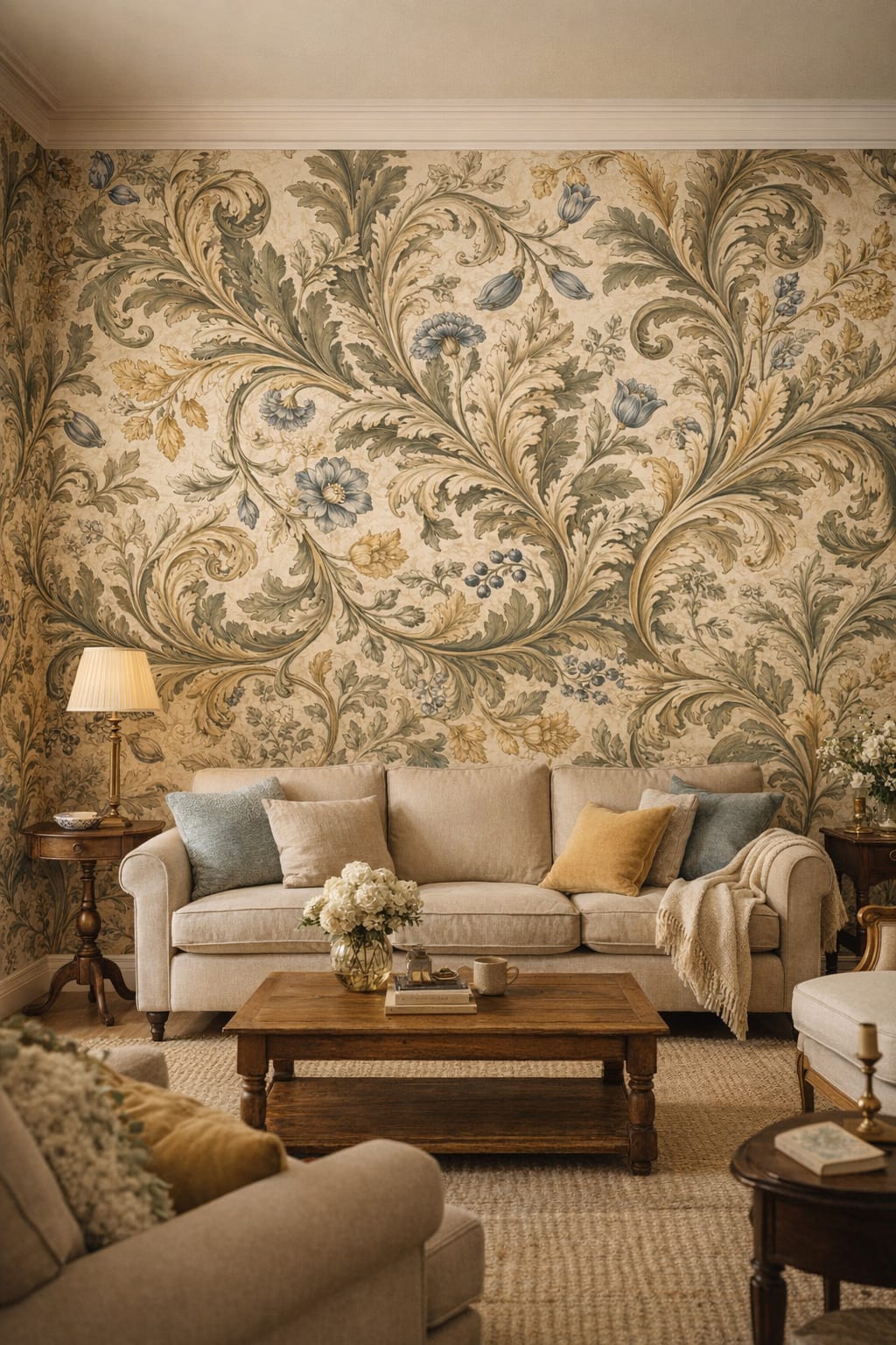 Cottage cream botanical scrolls featuring floral blossoms - Wall Mural Peel and Stick Wallpaper for English Cottage Living Room.