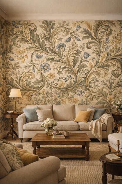 Cottage cream botanical scrolls featuring floral blossoms - Wall Mural Peel and Stick Wallpaper for English Cottage Living Room.