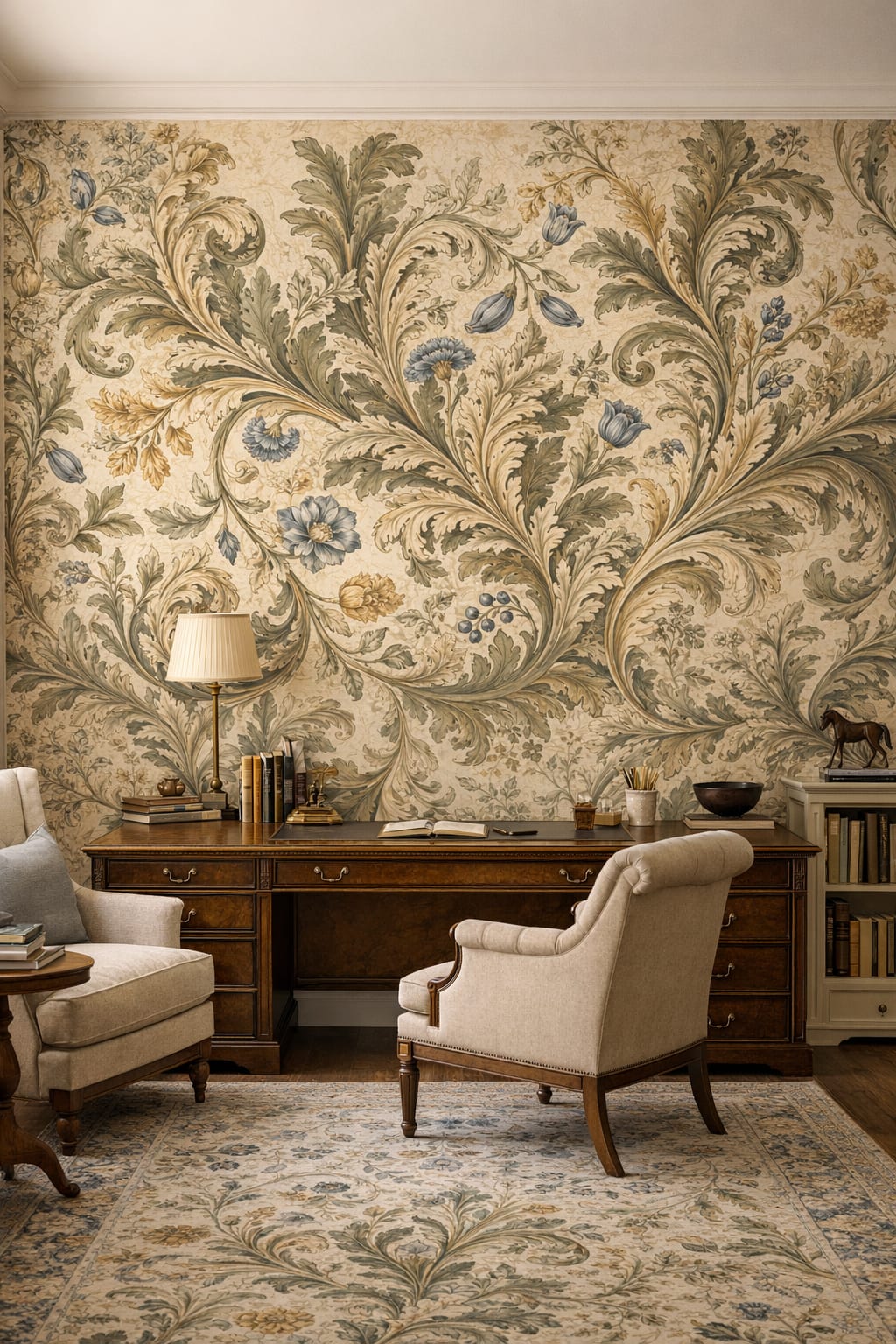 Cream-toned academic botanical scrolls featuring floral blossoms - Wall Mural Peel and Stick Wallpaper for Light Academia Executive Home Office.