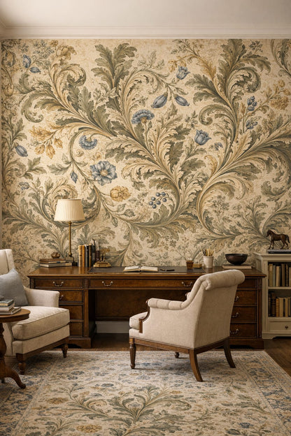 Cream-toned academic botanical scrolls featuring floral blossoms - Wall Mural Peel and Stick Wallpaper for Light Academia Executive Home Office.