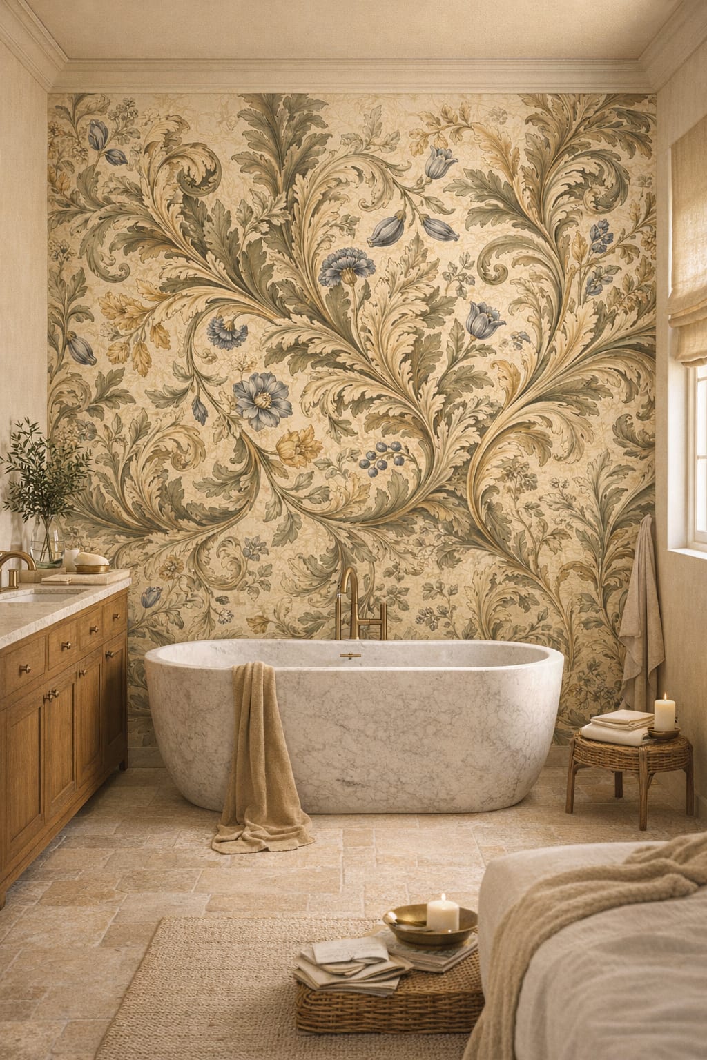 Modern sand-toned botanical scrolls featuring floral blossoms - Wall Mural Peel and Stick Wallpaper for Mediterranean Modern Luxury Bathroom.