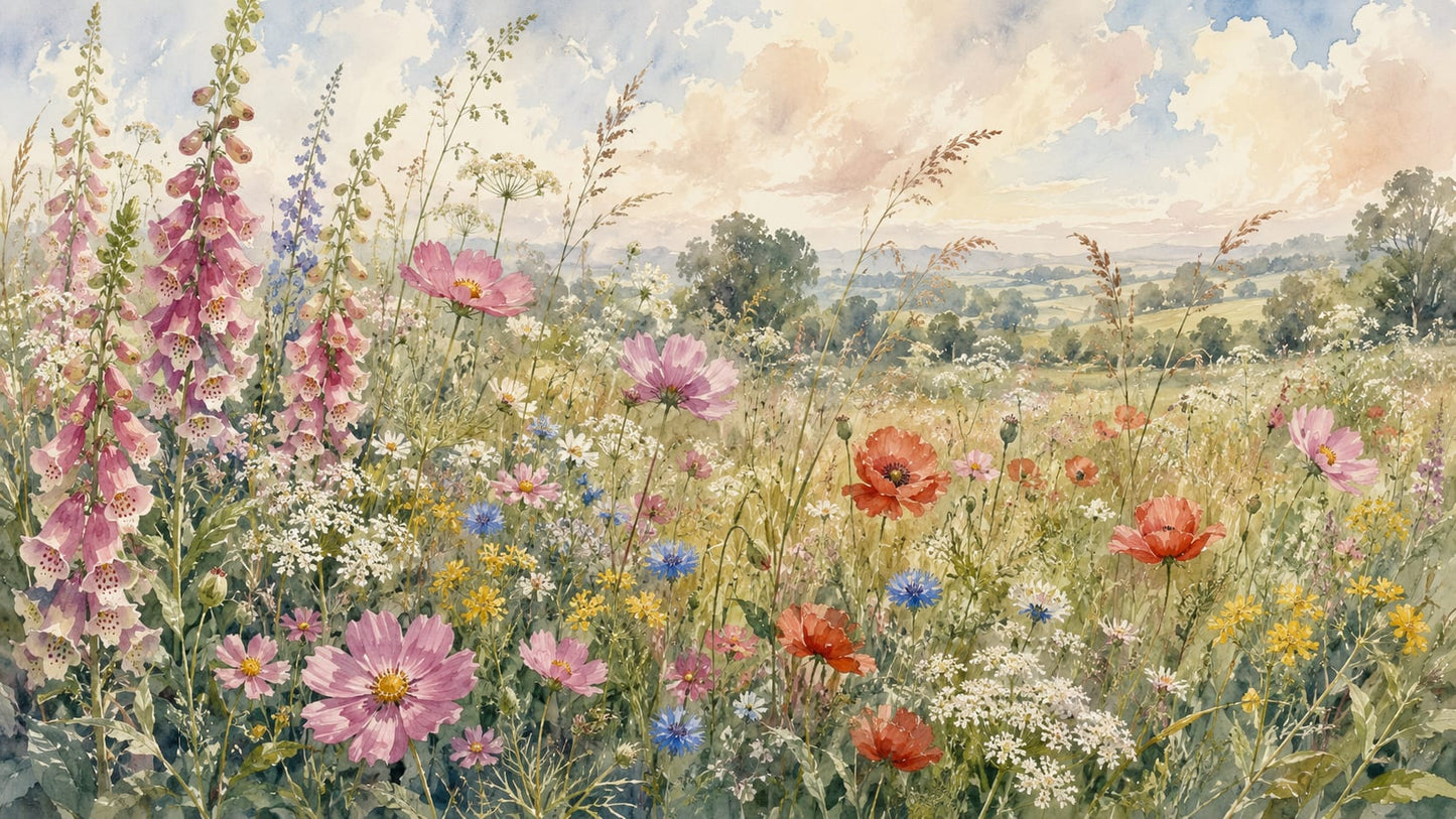 Romantic airy Sage garden florals featuring countryside landscape - Wall Mural & Peel and Stick Wallpaper for Watercolor Interiors and Premium Home Styling