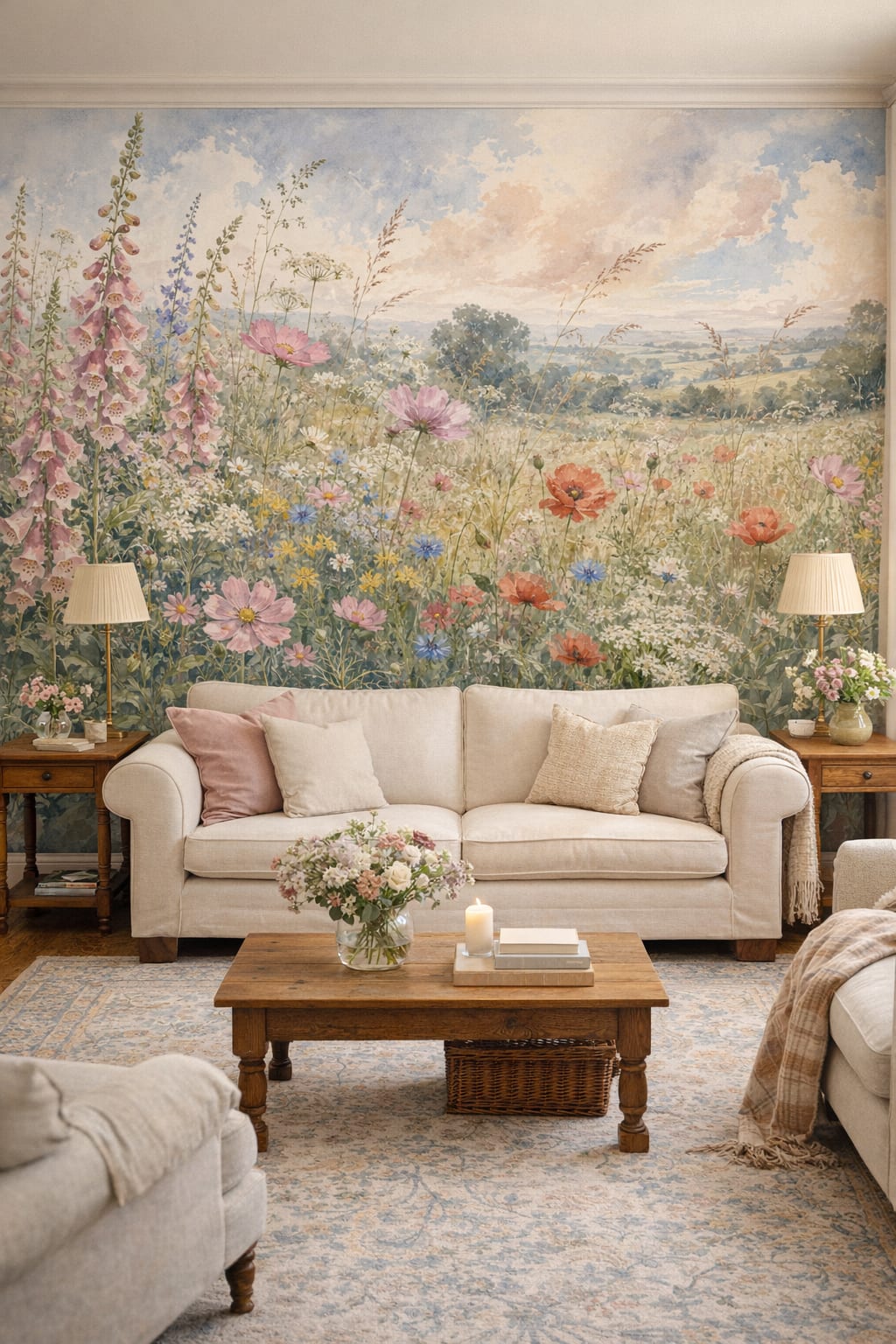 Green cream garden florals featuring countryside landscape - Wall Mural Peel and Stick Wallpaper for English Cottage Living Room.