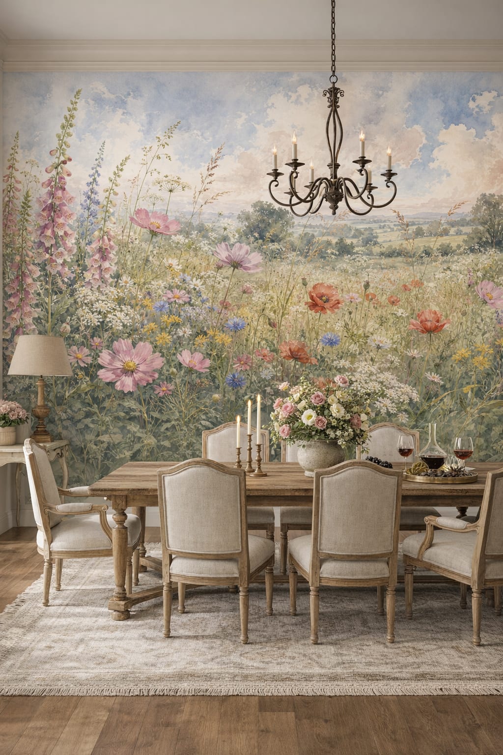 French Country blue garden florals featuring countryside landscape - Wall Mural Peel and Stick Wallpaper for French Country Formal Dining Room.
