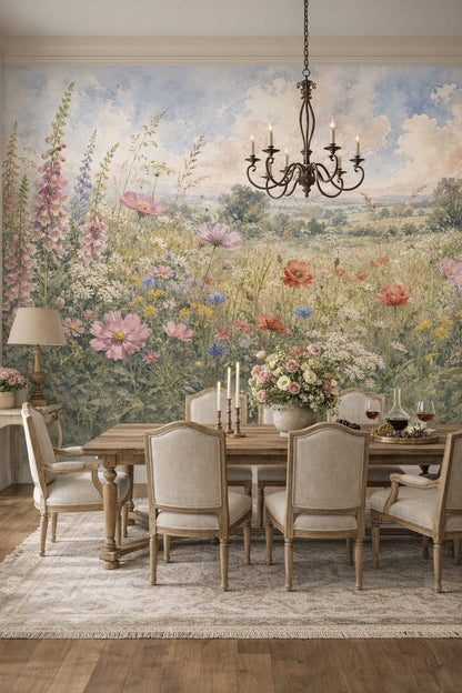 French Country blue garden florals featuring countryside landscape - Wall Mural Peel and Stick Wallpaper for French Country Formal Dining Room.