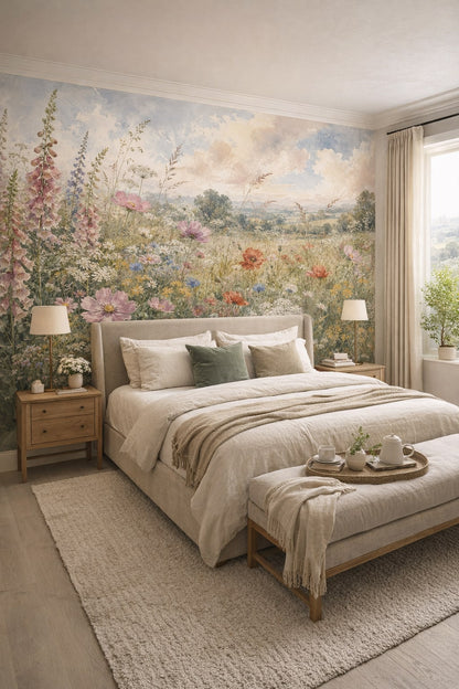 Green neutral garden florals featuring countryside landscape - Wall Mural Peel and Stick Wallpaper for Biophilic Design Master Bedroom.
