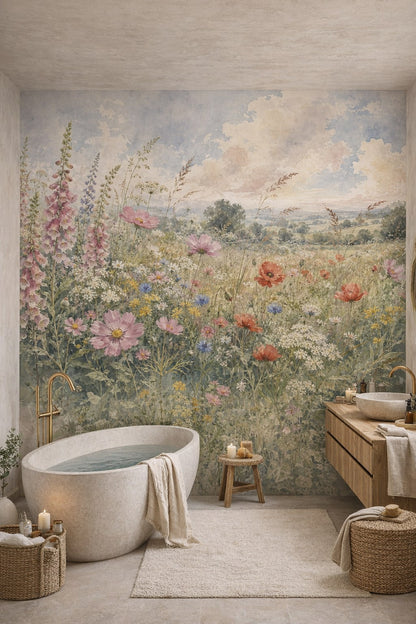 Muted earth-tone Wabi-sabi garden florals featuring countryside landscape - Wall Mural Peel and Stick Wallpaper for Wabi-sabi Luxury Bathroom.