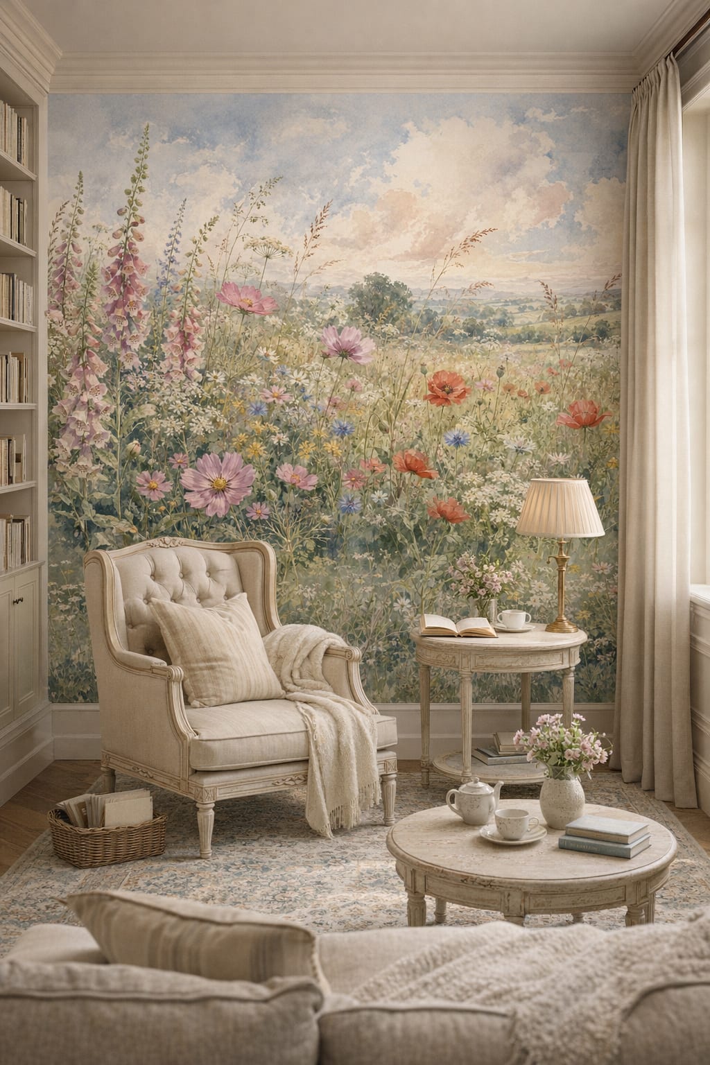 Gustavian bluish-gray garden florals featuring countryside landscape - Wall Mural Peel and Stick Wallpaper for Gustavian (Swedish) Reading Corner.
