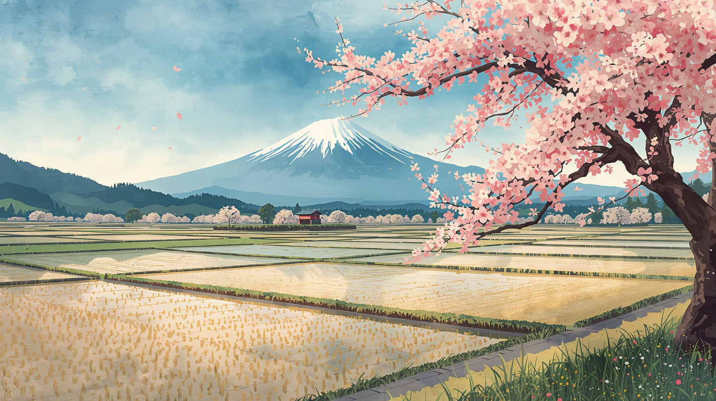 Painterly airy Sky Blue Mount Fuji featuring cherry blossoms and rice fields - Wall Mural & Peel and Stick Wallpaper for Painterly Interiors and Premium Home Styling
