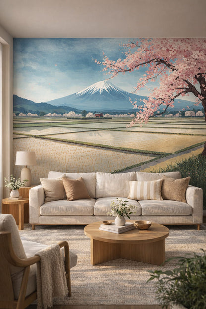 Organic Modern cream-toned Mount Fuji featuring cherry blossoms - Wall Mural Peel and Stick Wallpaper for Organic Modern Living Room.