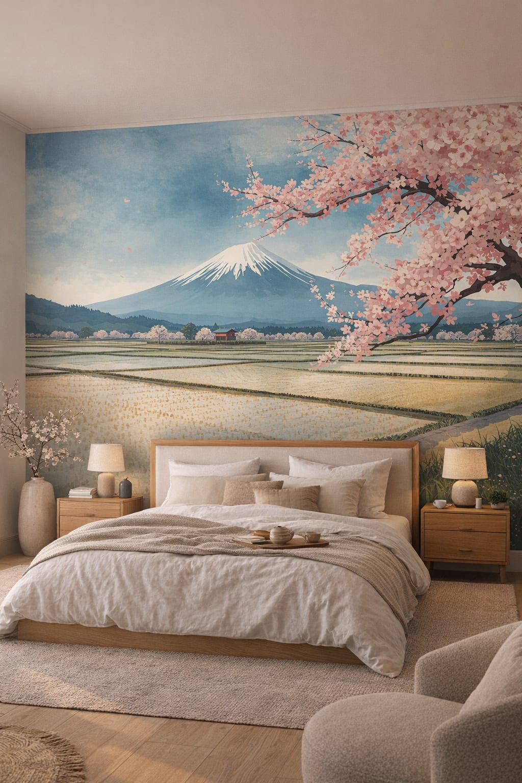 Japandi sand-toned Mount Fuji featuring cherry blossoms - Wall Mural Peel and Stick Wallpaper for Japandi Master Bedroom.