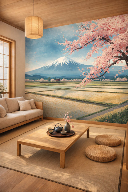 Traditional wood-toned Mount Fuji featuring cherry blossoms - Wall Mural Peel and Stick Wallpaper for Traditional Japanese Tea Room.