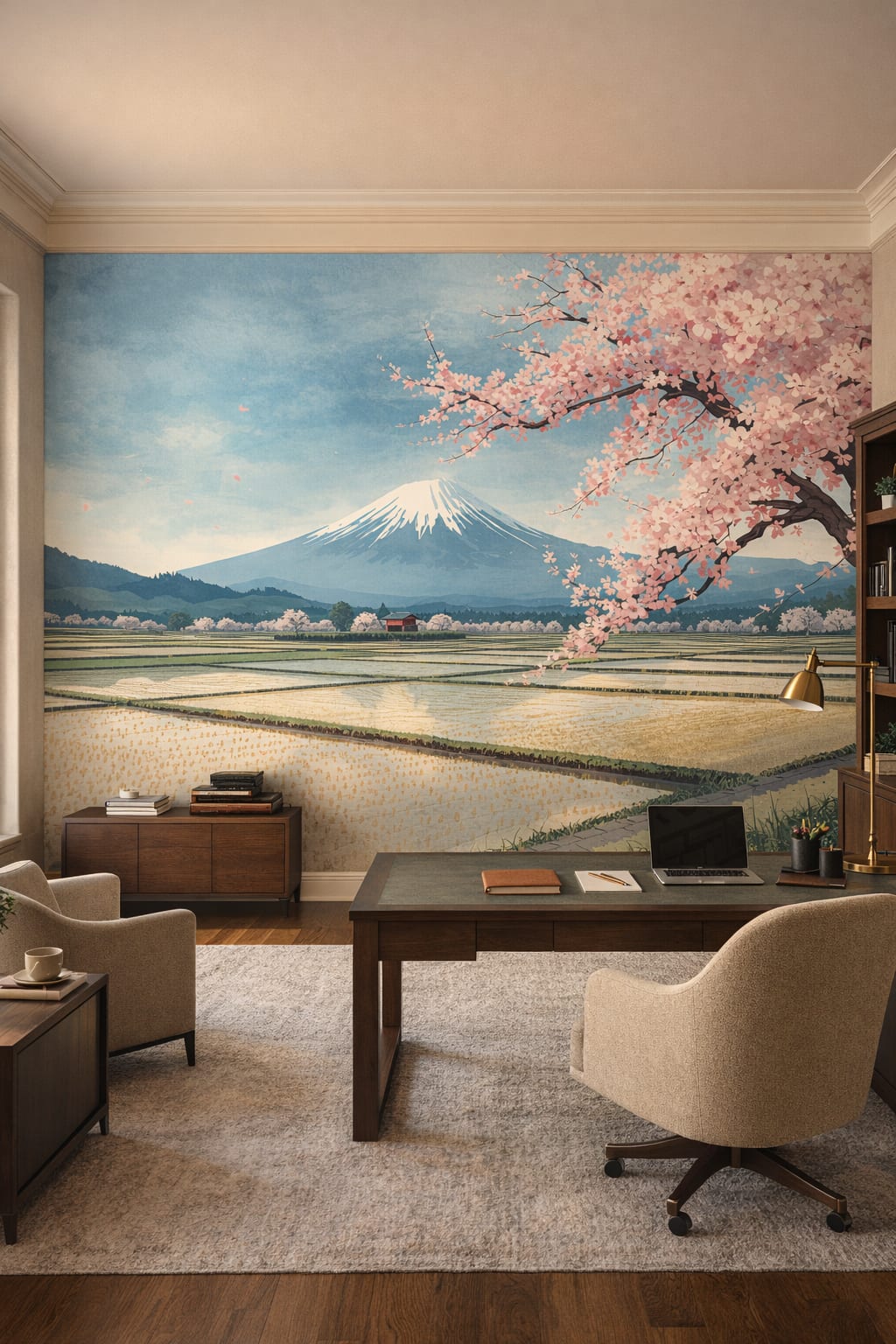 Greige refined Mount Fuji featuring cherry blossoms - Wall Mural Peel and Stick Wallpaper for Quiet Luxury Executive Home Office.