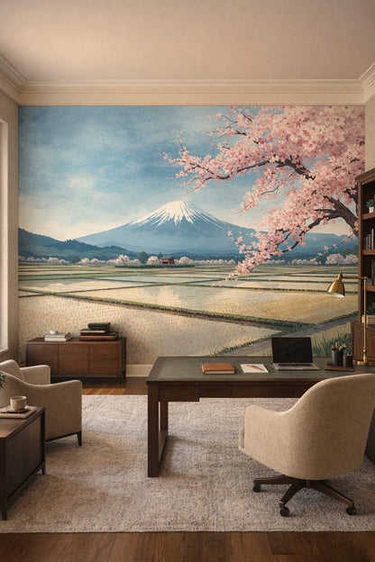 Greige refined Mount Fuji featuring cherry blossoms - Wall Mural Peel and Stick Wallpaper for Quiet Luxury Executive Home Office.