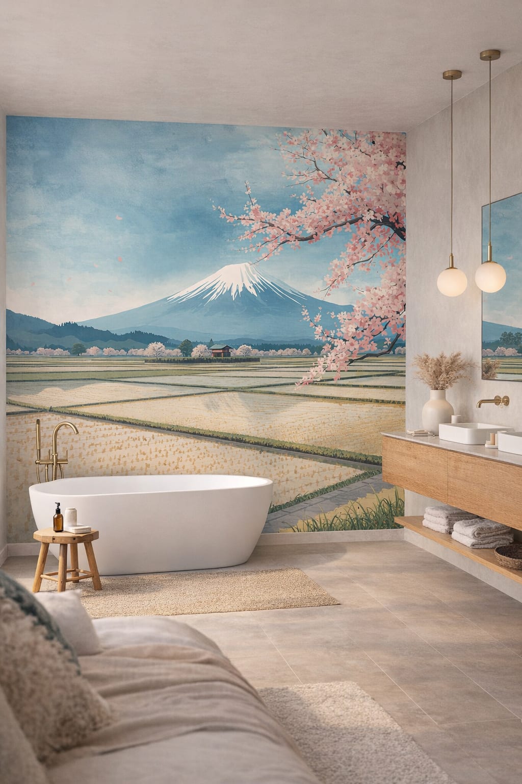 California Modern neutral-toned Mount Fuji featuring cherry blossoms - Wall Mural Peel and Stick Wallpaper for California Modern Luxury Bathroom.