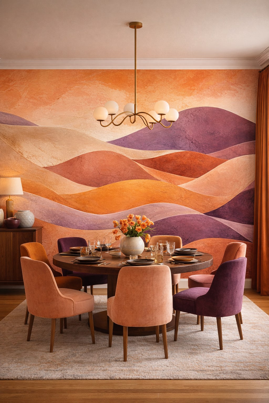 Color-drenched, bold terracotta abstract dunes - Wall Mural Peel and Stick Wallpaper for Color-drenched Formal Dining Room.
