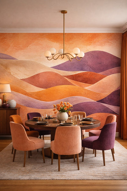 Color-drenched, bold terracotta abstract dunes - Wall Mural Peel and Stick Wallpaper for Color-drenched Formal Dining Room.