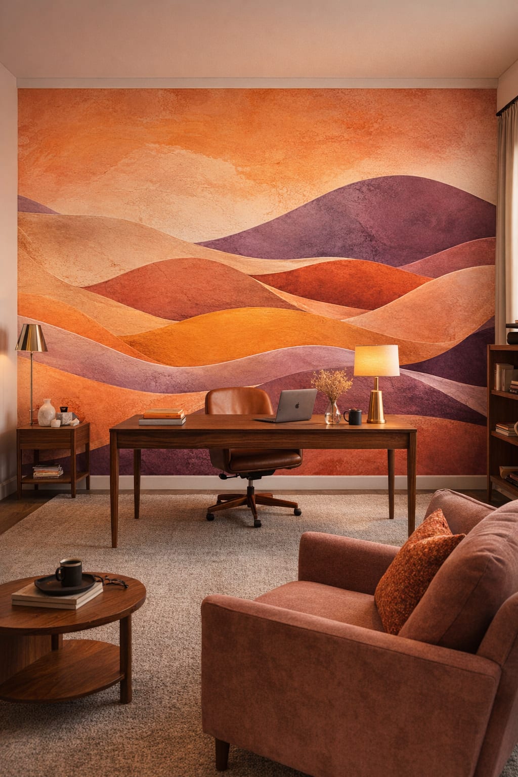 Mustard Mid-century Modern abstract dunes - Wall Mural Peel and Stick Wallpaper for Mid-century Modern Executive Home Office.