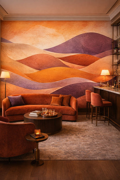 Black-gold abstract dunes - Wall Mural Peel and Stick Wallpaper for Art Deco Bar/Lounge.