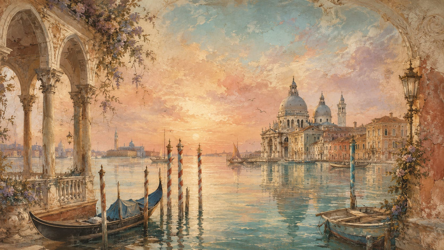 Romantic Luminous Peach Venetian cityscape featuring gondolas and canal water - Wall Mural & Peel and Stick Wallpaper for Painterly Interiors and Premium Home Styling.