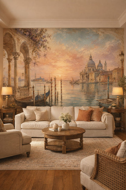 Mediterranean white Venetian cityscape featuring gondolas - Wall Mural Peel and Stick Wallpaper for Mediterranean Living Room.