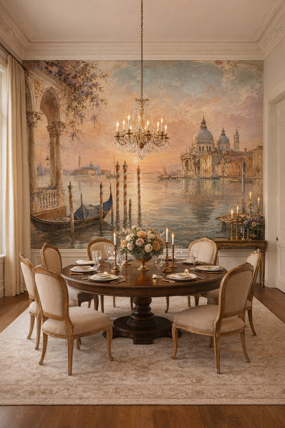 Parisian white-and-gold Venetian cityscape featuring gondolas - Wall Mural Peel and Stick Wallpaper for Parisian Formal Dining Room.