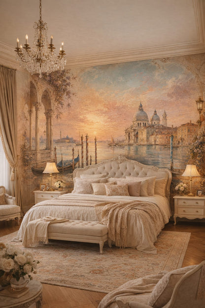 Green cream Art Nouveau Venetian cityscape featuring gondolas - Wall Mural Peel and Stick Wallpaper for Art Nouveau Master Bedroom.