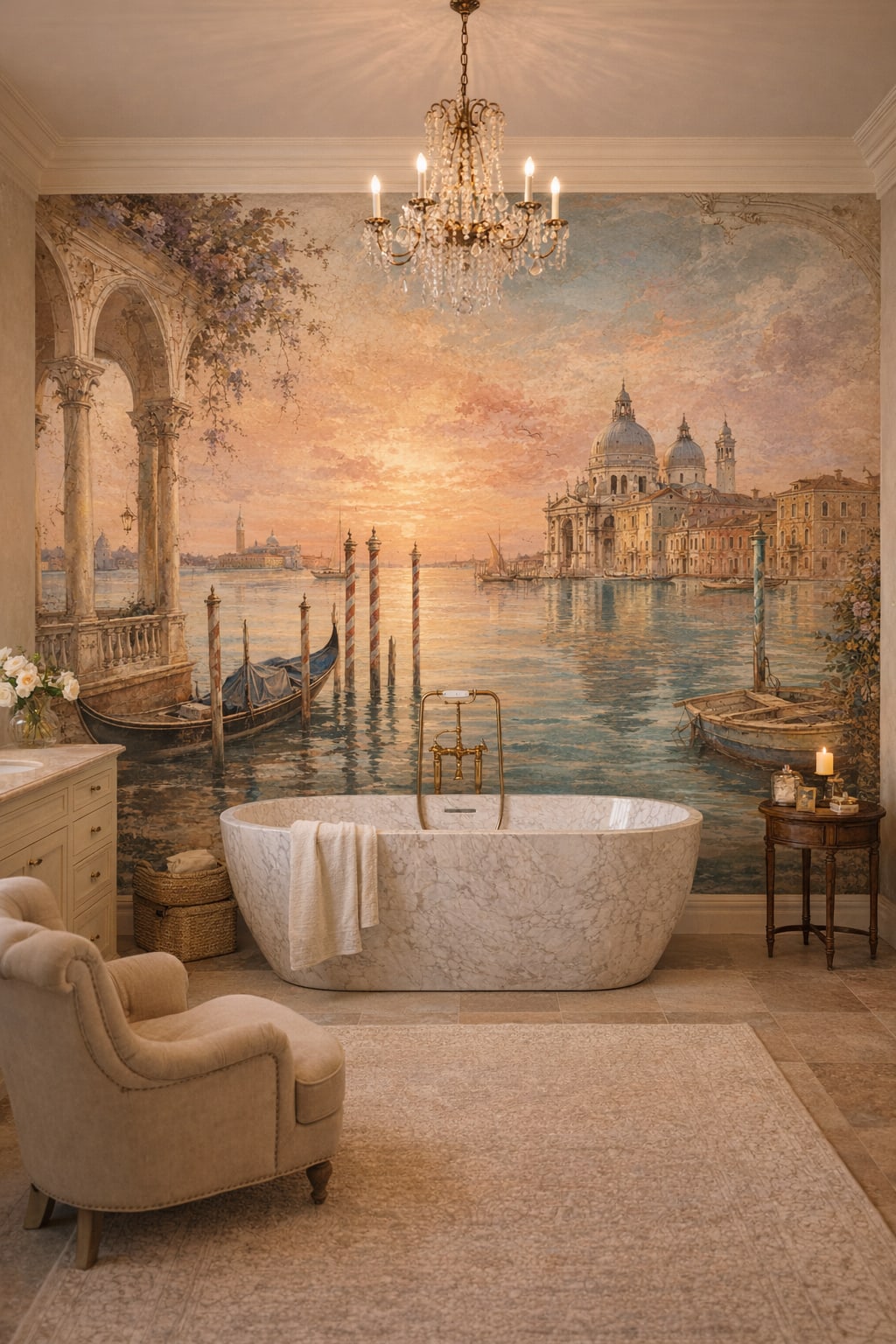 Classic beige Venetian cityscape featuring gondolas - Wall Mural Peel and Stick Wallpaper for Classic Luxury Bathroom.