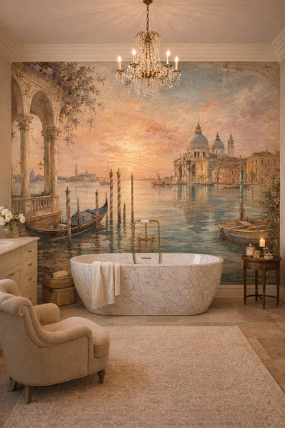 Classic beige Venetian cityscape featuring gondolas - Wall Mural Peel and Stick Wallpaper for Classic Luxury Bathroom.