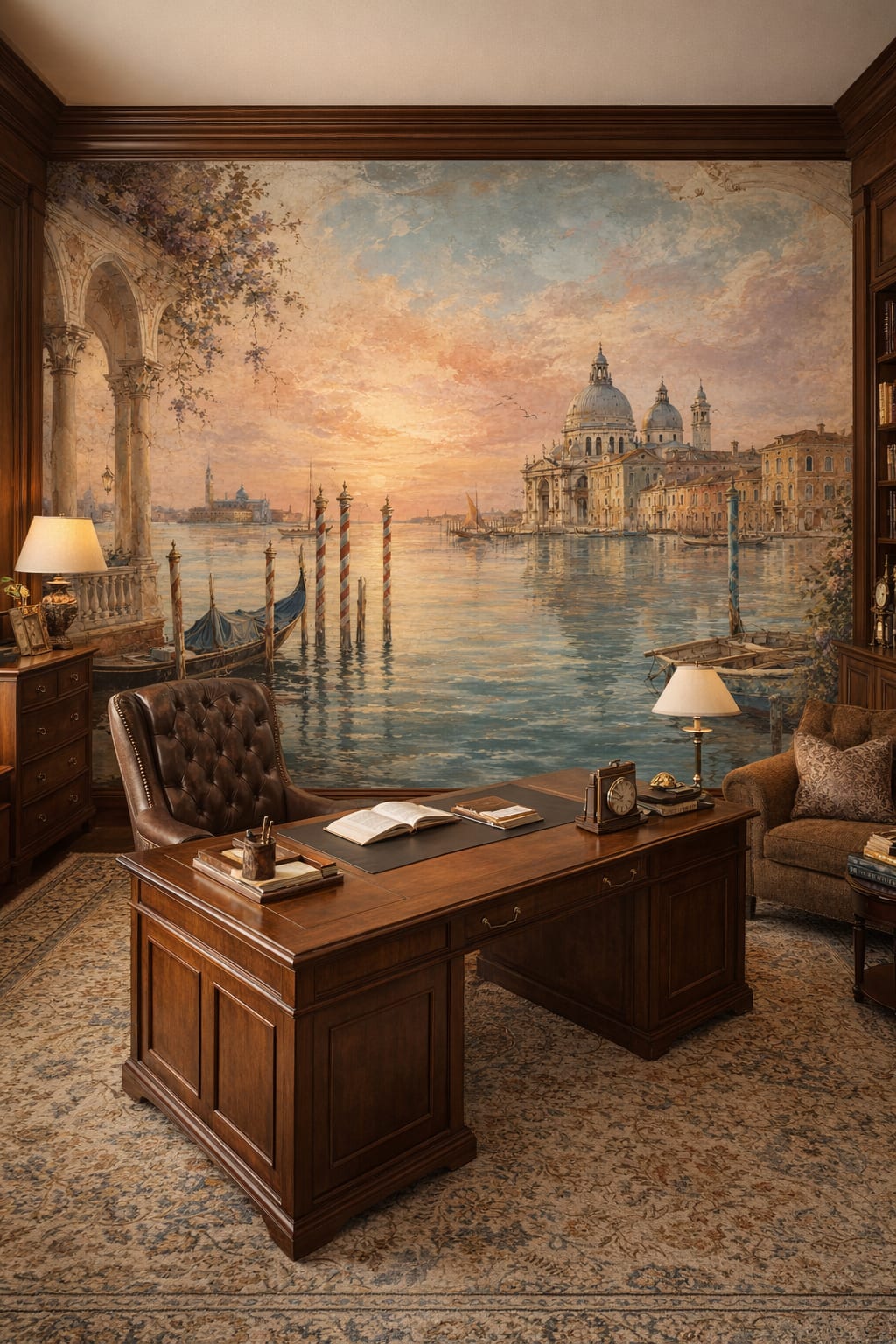 Old Money navy Venetian cityscape featuring gondolas - Wall Mural Peel and Stick Wallpaper for Old Money Executive Home Office.