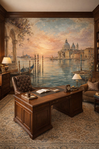Old Money navy Venetian cityscape featuring gondolas - Wall Mural Peel and Stick Wallpaper for Old Money Executive Home Office.