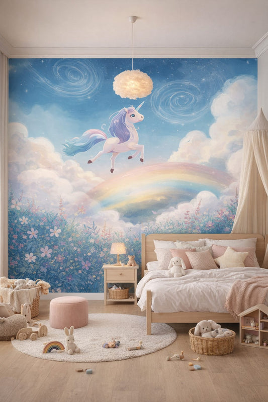 Scandi Kids white-gray unicorn featuring rainbow - Wall Mural Peel and Stick Wallpaper for Scandi Kids Kids Bedroom.