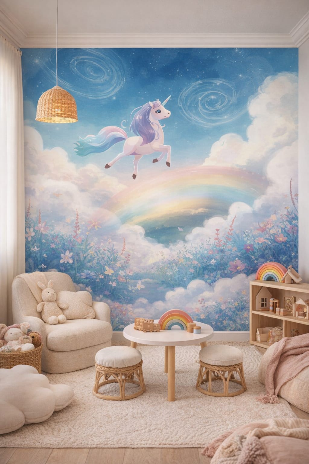Whimsical Boho cream-toned unicorn featuring rainbow - Wall Mural Peel and Stick Wallpaper for Whimsical Boho Playroom.
