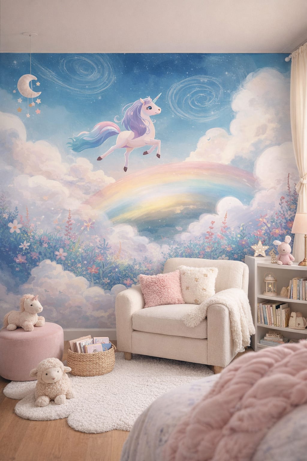 Pastel glam blush unicorn featuring rainbow - Wall Mural Peel and Stick Wallpaper for Pastel Glam Nursery Reading Corner.