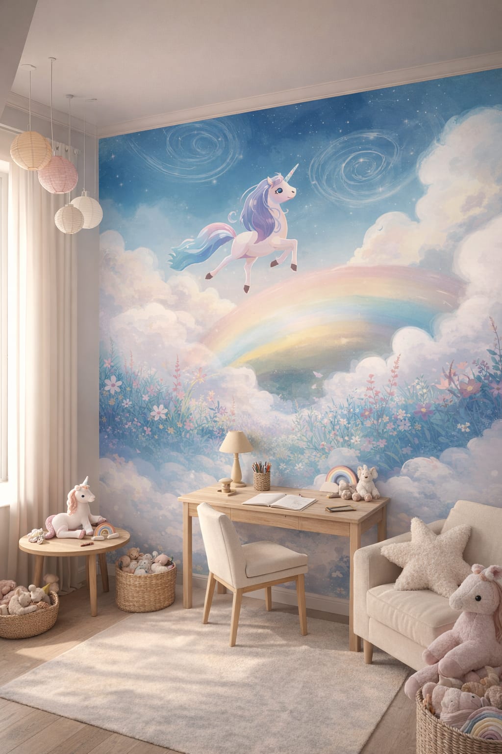Modern Montessori neutral-primary unicorn featuring rainbow - Wall Mural Peel and Stick Wallpaper for Modern Montessori Homework / Study Corner.