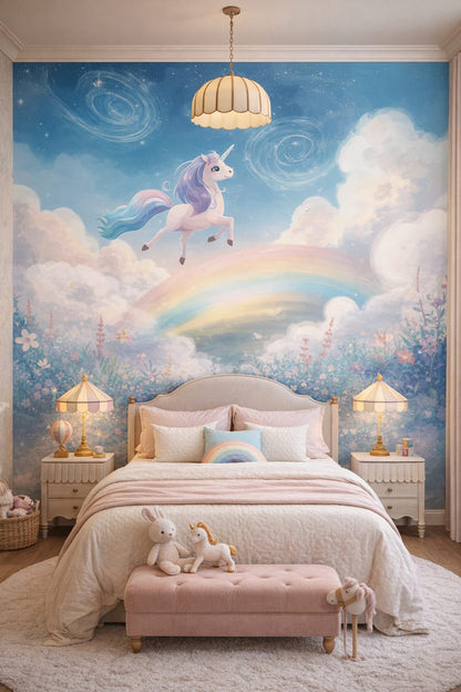 Circus Retro red-white unicorn featuring rainbow - Wall Mural Peel and Stick Wallpaper for Circus Retro Kids Bedroom.
