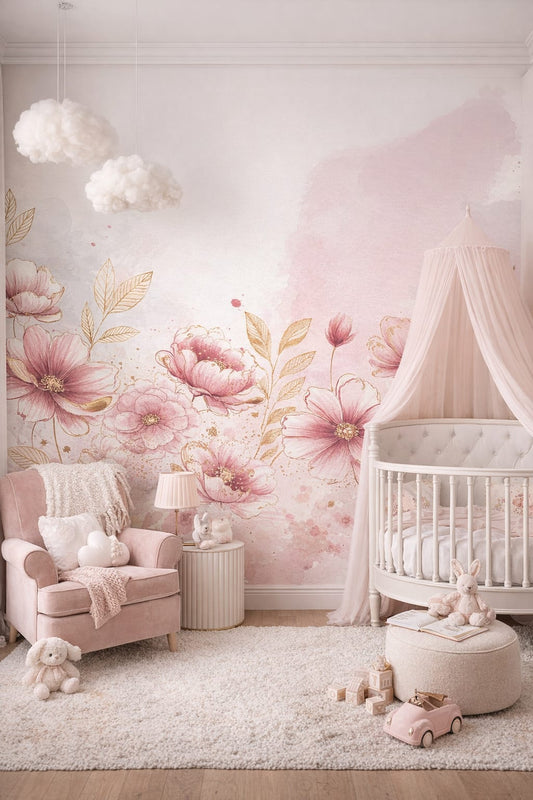 Pastel glam blush - watercolor florals with gold leaves Wall Mural Peel and Stick Wallpaper for Pastel Glam Nursery Nursery.