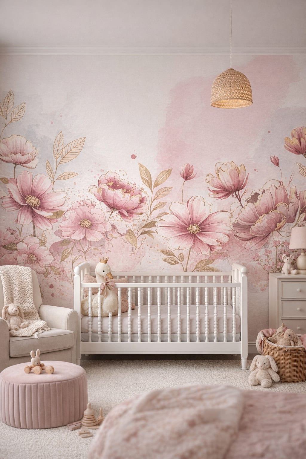 English Garden rose, soft white - Pink watercolor peony florals - Wall Mural Peel and Stick Wallpaper for English Garden Nursery Nursery.