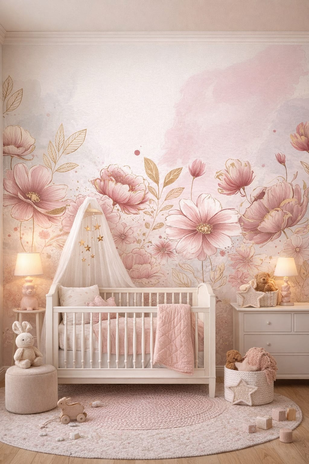 Classic Storybook dusty rose - watercolor floral blossoms - Wall Mural Peel and Stick Wallpaper for Classic Storybook Nursery.