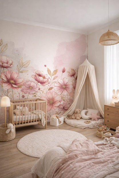 Scandi Kids white-gray - Watercolor pink floral blooms - Wall Mural Peel and Stick Wallpaper for Scandi Kids Nursery.