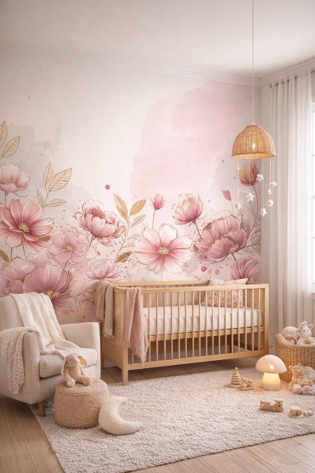 Whimsical Boho cream - Watercolor pink floral blooms and leaves - Wall Mural Peel and Stick Wallpaper for Whimsical Boho Nursery.
