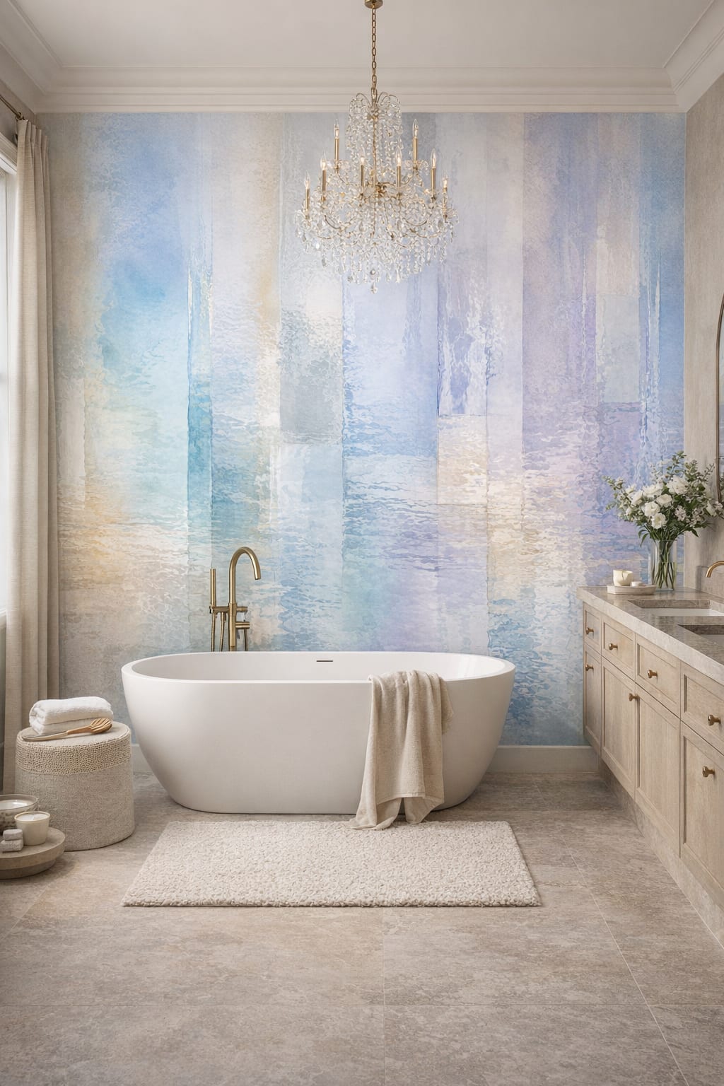 Contemporary neutral abstract verticals - Wall Mural Peel and Stick Wallpaper for Luxury Contemporary Luxury Bathroom.
