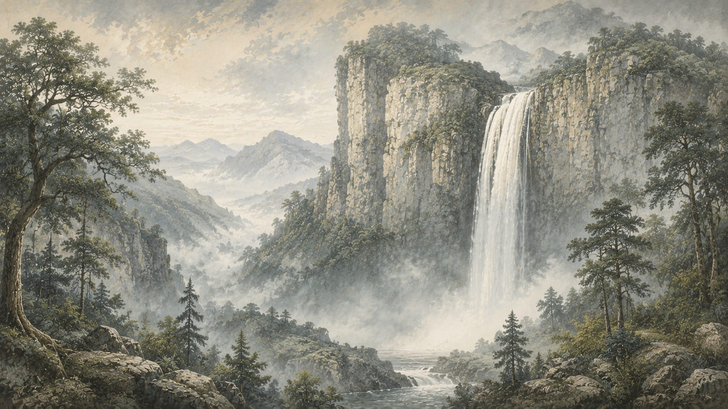 Atmospheric Painterly Sage Green Waterfall featuring mountain landscape and forest trees - Wall Mural & Peel and Stick Wallpaper for Painterly Interiors and Premium Home Styling.