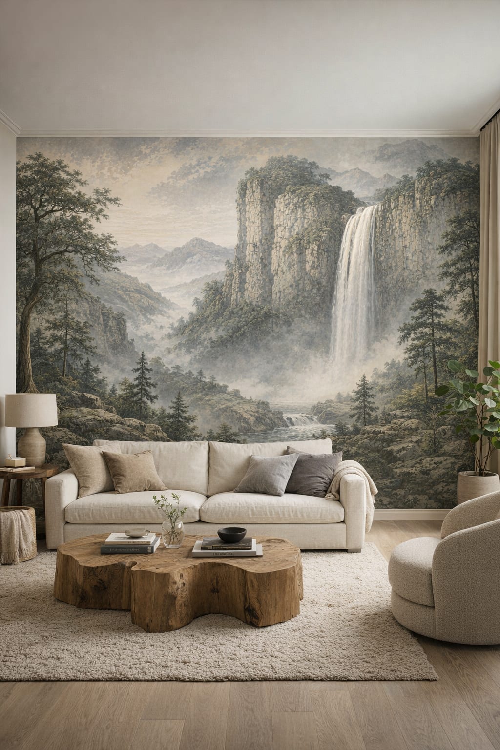 Organic Modern cream-sand waterfall featuring mountain landscape - Wall Mural Peel and Stick Wallpaper for Organic Modern Living Room.
