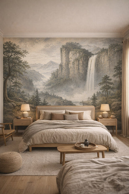 Japandi sand waterfall featuring mountain landscape - Wall Mural Peel and Stick Wallpaper for Japandi Master Bedroom.