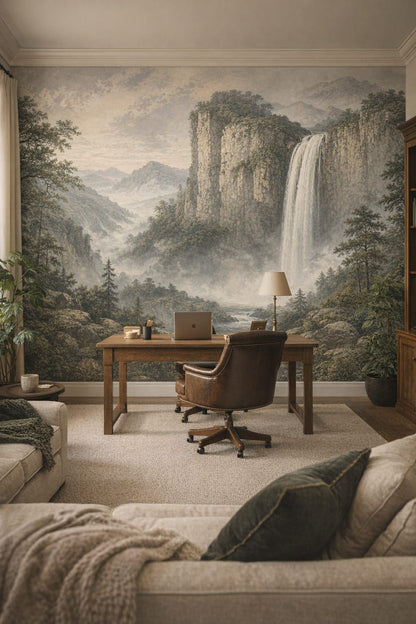 Green neutral Biophilic Design waterfall featuring forest trees - Wall Mural Peel and Stick Wallpaper for Biophilic Design Executive Home Office.