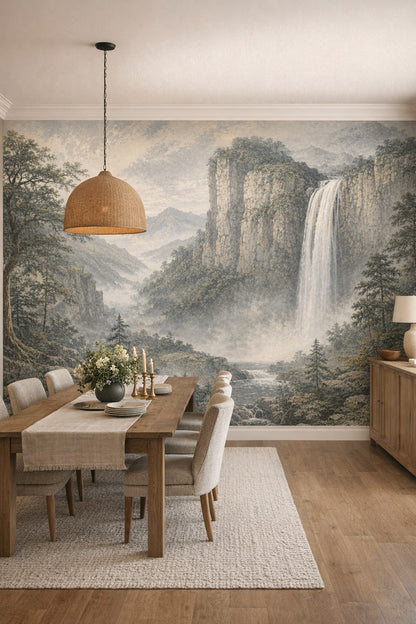 Rustic Modern sand waterfall featuring mountain landscape - Wall Mural Peel and Stick Wallpaper for Rustic Modern Formal Dining Room.