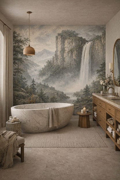 White sand Mediterranean Modern waterfall featuring mountain landscape - Wall Mural Peel and Stick Wallpaper for Mediterranean Modern Luxury Bathroom.