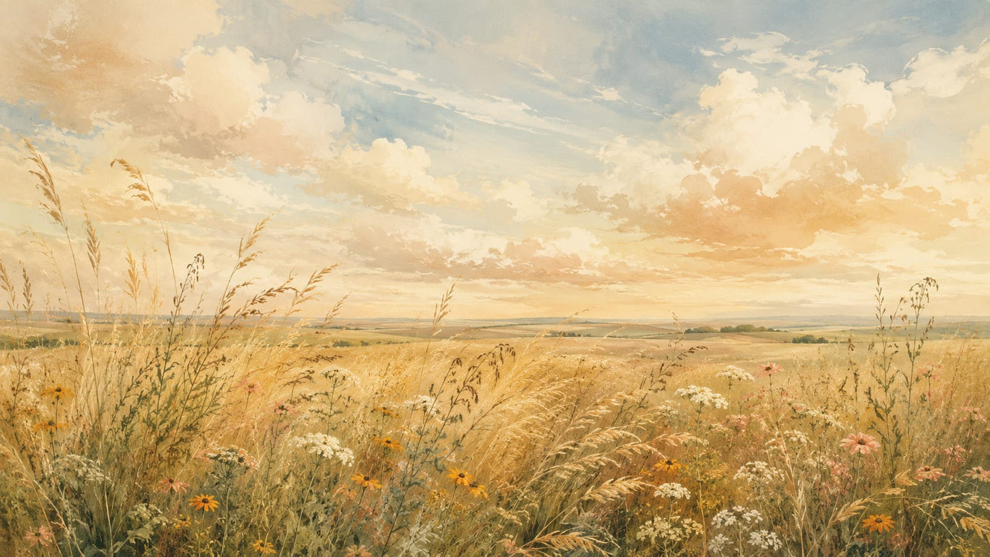 Sunlit Painterly Golden Beige wildflower meadow featuring golden grasses and pastoral landscape - Wall Mural & Peel and Stick Wallpaper for Painterly Interiors and Premium Home Styling