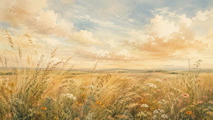 Sunlit Painterly Golden Beige wildflower meadow featuring golden grasses and pastoral landscape - Wall Mural & Peel and Stick Wallpaper for Painterly Interiors and Premium Home Styling